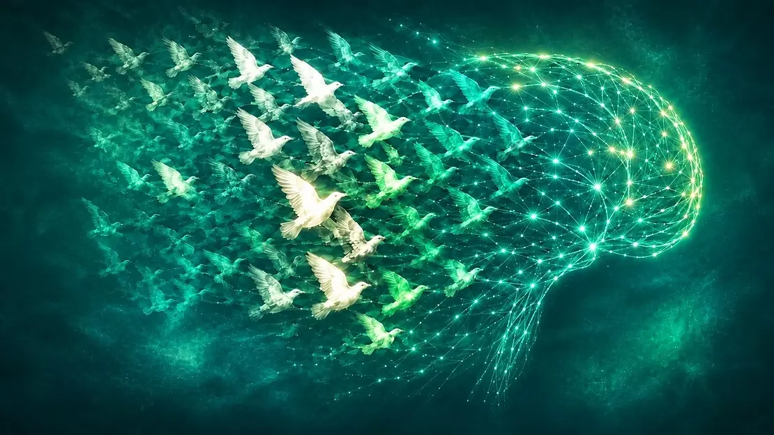 A flock of birds converging into a connected enterprise brain